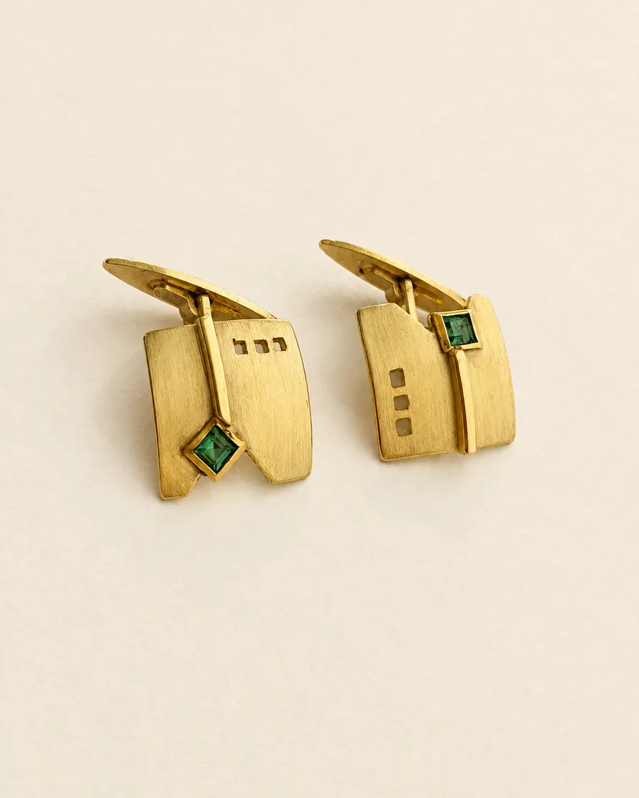 Gold cufflinks with a green stone